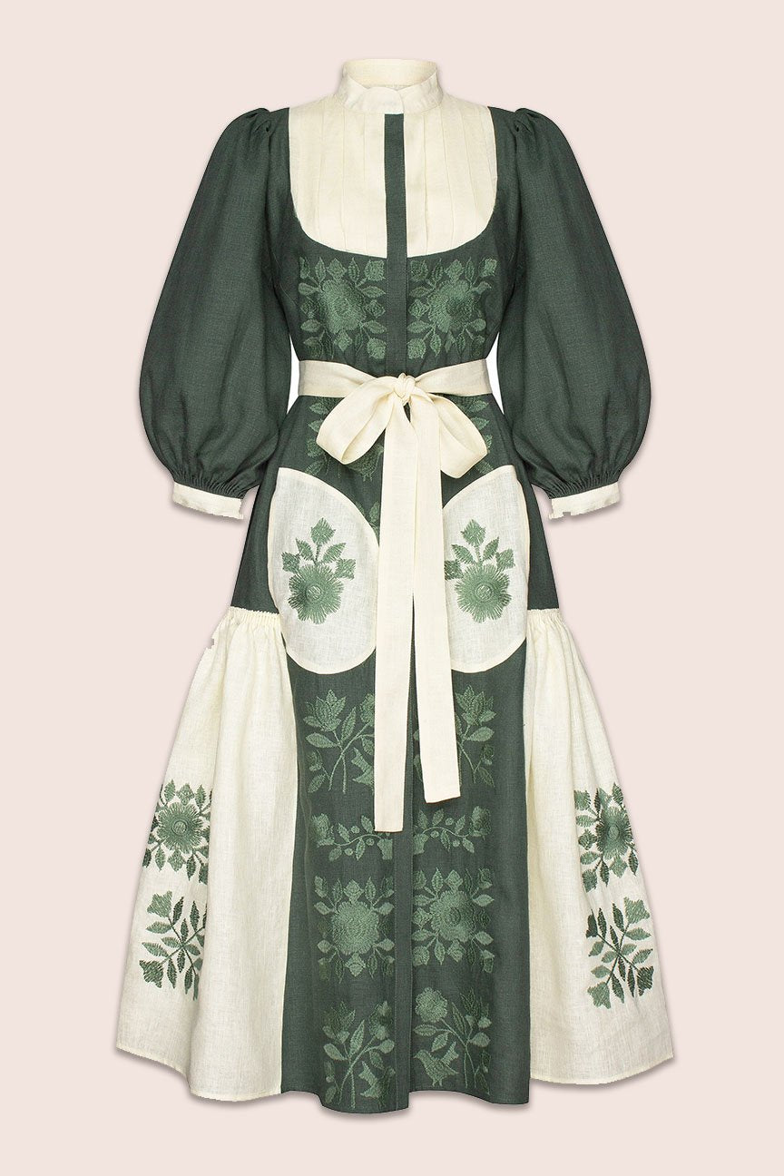 Amo Midi Dress in Green and White