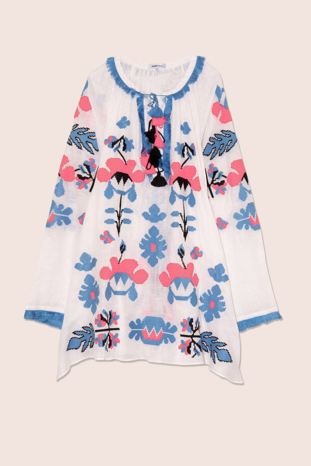 Astrid Mini Dress in White with Red and Blue