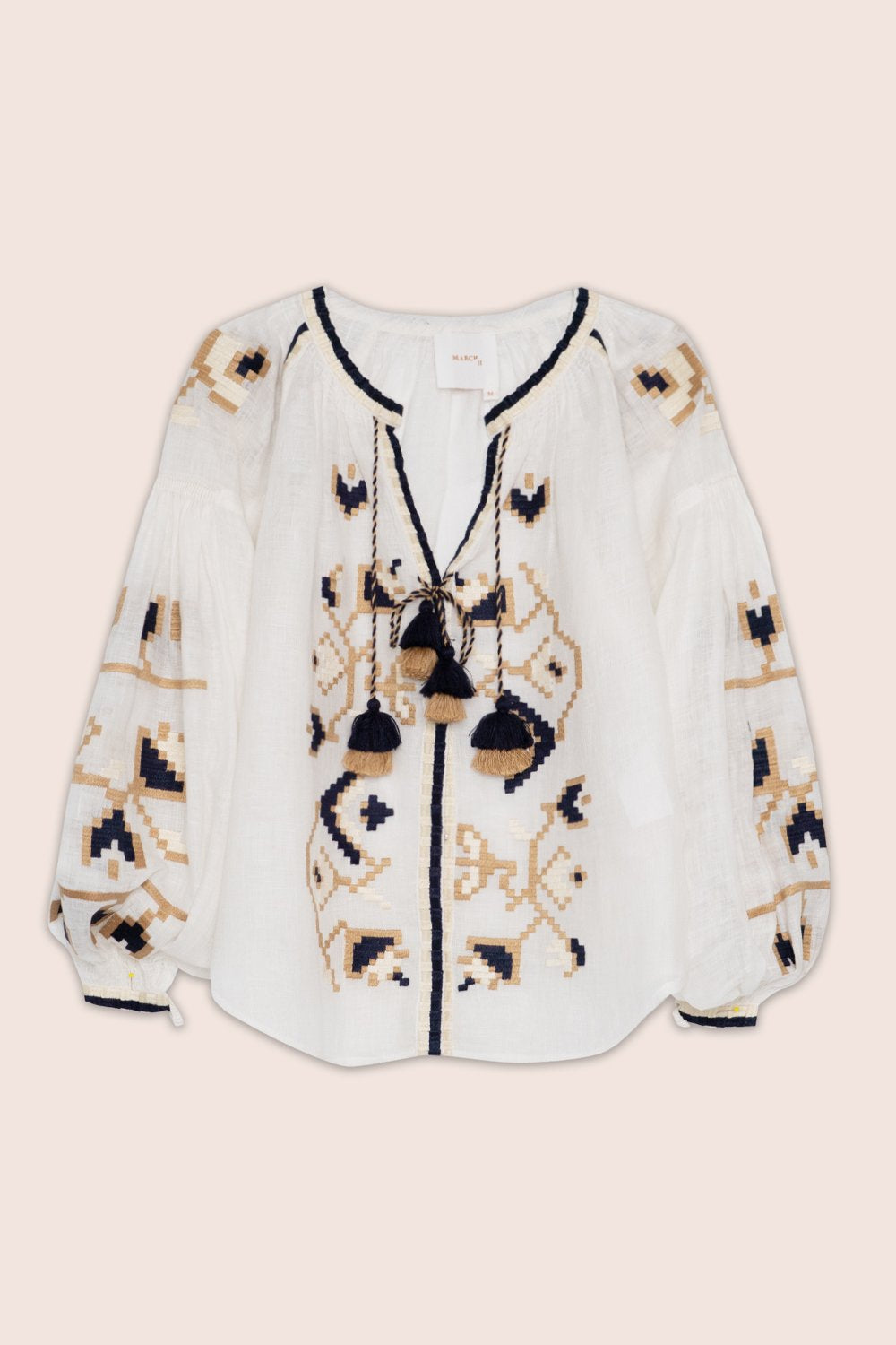 Flora Blouse in White with Navy and Gold