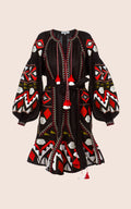 Kilim Mini Flared Dress in Black with Red and Khaki