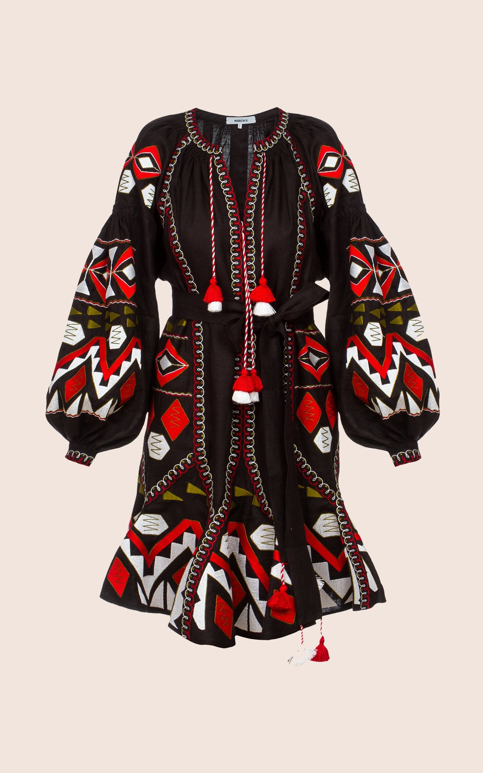 Kilim Mini Flared Dress in Black with Red and Khaki