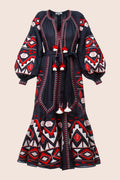 Kilim Flared Midi Dress in Navy