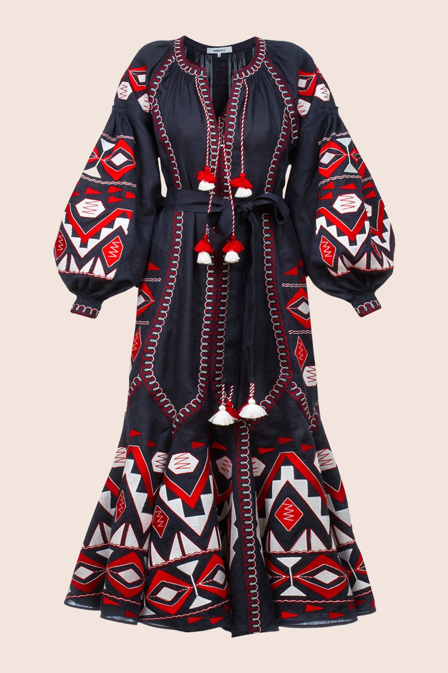 Kilim Flared Midi Dress in Navy