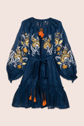 Floral Dream Flared Mini Dress in Navy Striped Linen