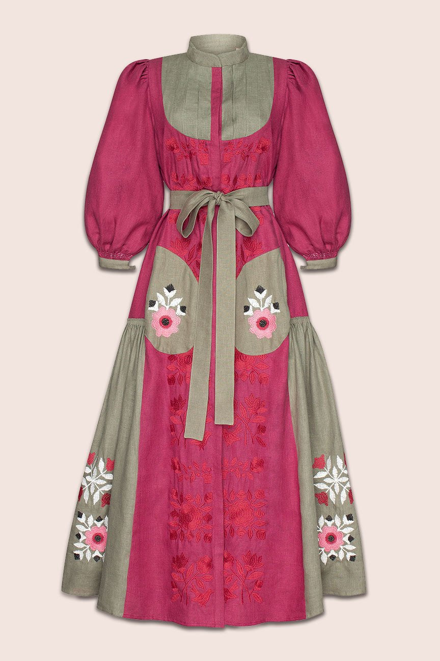 Amo Midi Dress in Burgundy and Green