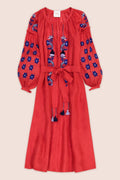 Arizona Linen Midi Dress in Red with Navy and Blue