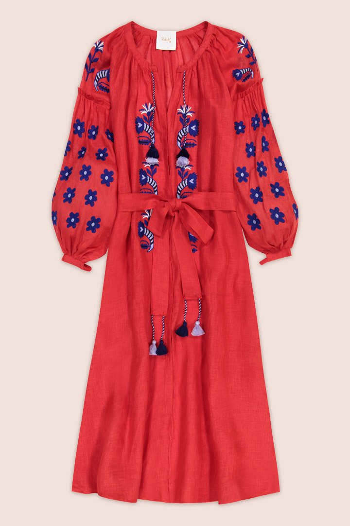 Arizona Linen Midi Dress in Red with Navy and Blue
