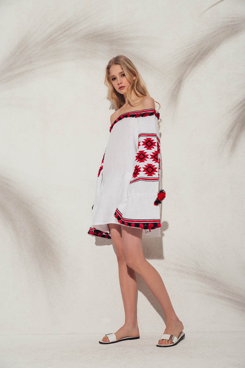Geometry Off-the-shoulder Tunic in White & Red