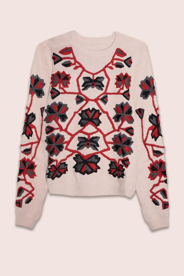 LIMITED EDITION Winter Garden Hand-Embroidered Sweater in Off-White