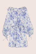 French Rose Mini Dress in White with Blue