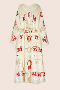 Feather Maxi Dress in Cream with Red and White