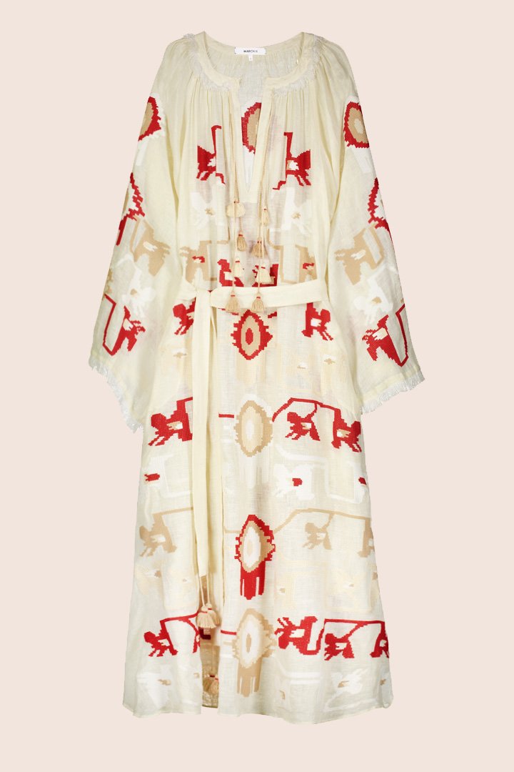 Feather Maxi Dress in Cream with Red and White