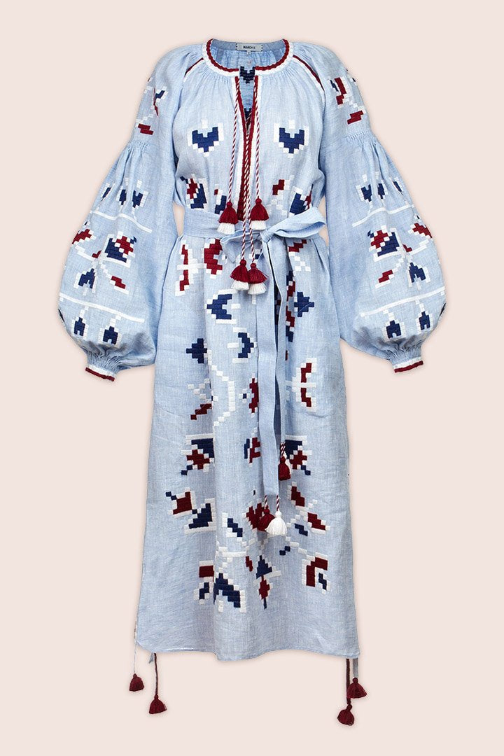 Flora Midi Dress in Sky Blue and Burgundy