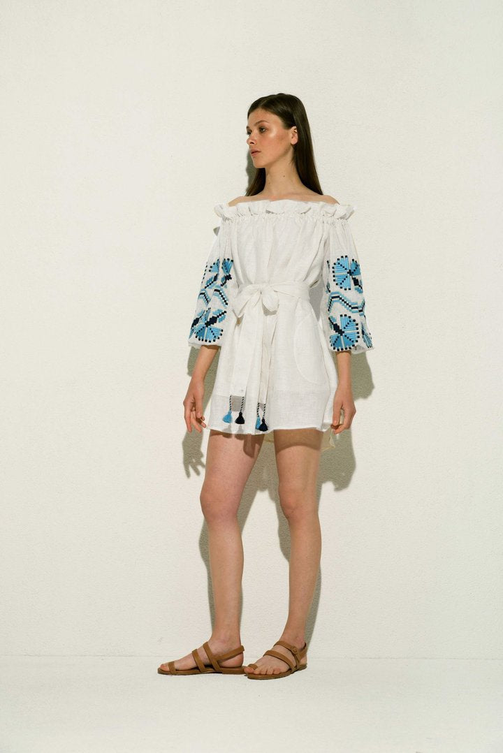 Ali Off-The-Shoulder Linen Mini Dress in White