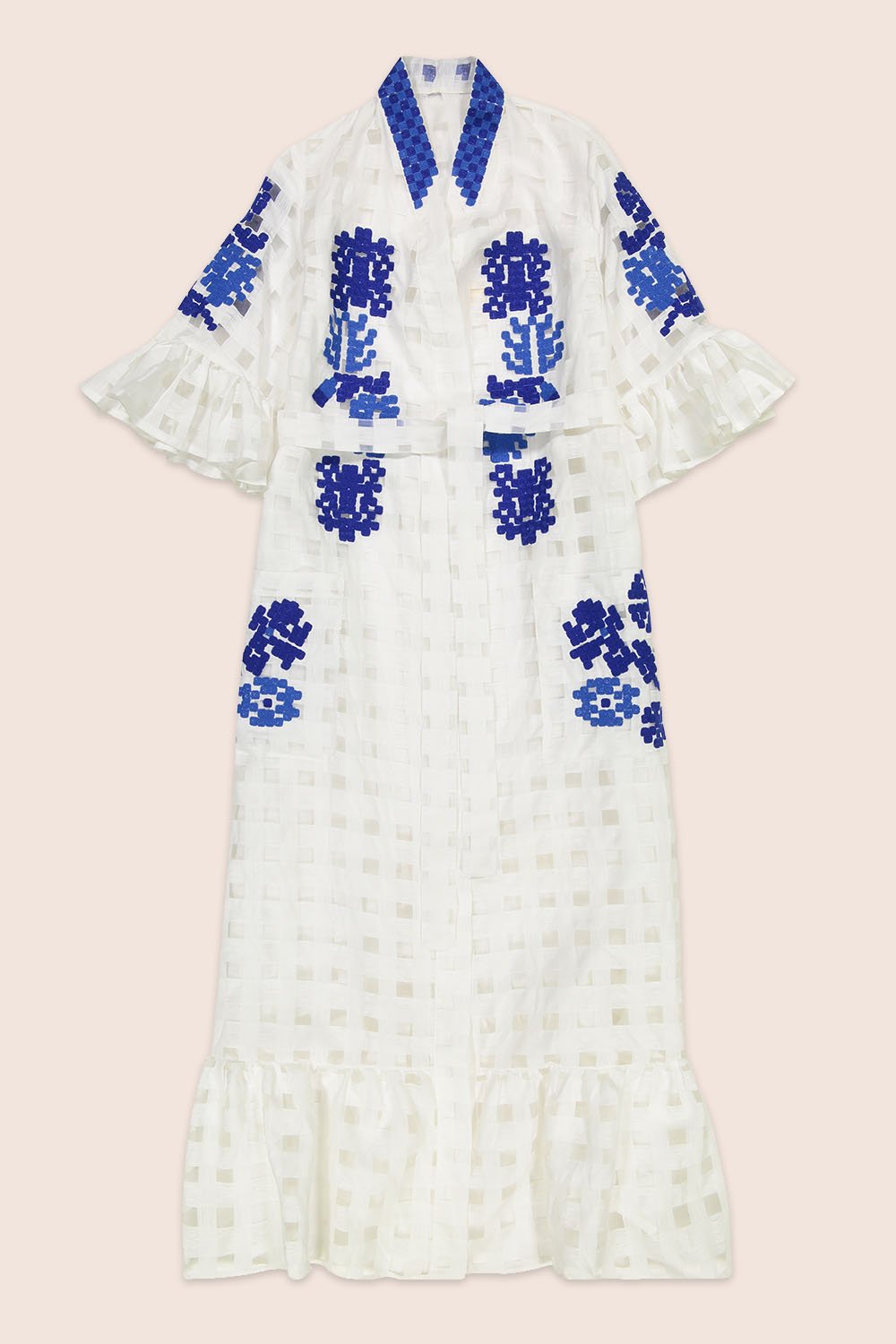 Nilofar Maxi Wrap Dress in White with Blue
