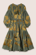 Rose Power Midi Dress in Green and Gold