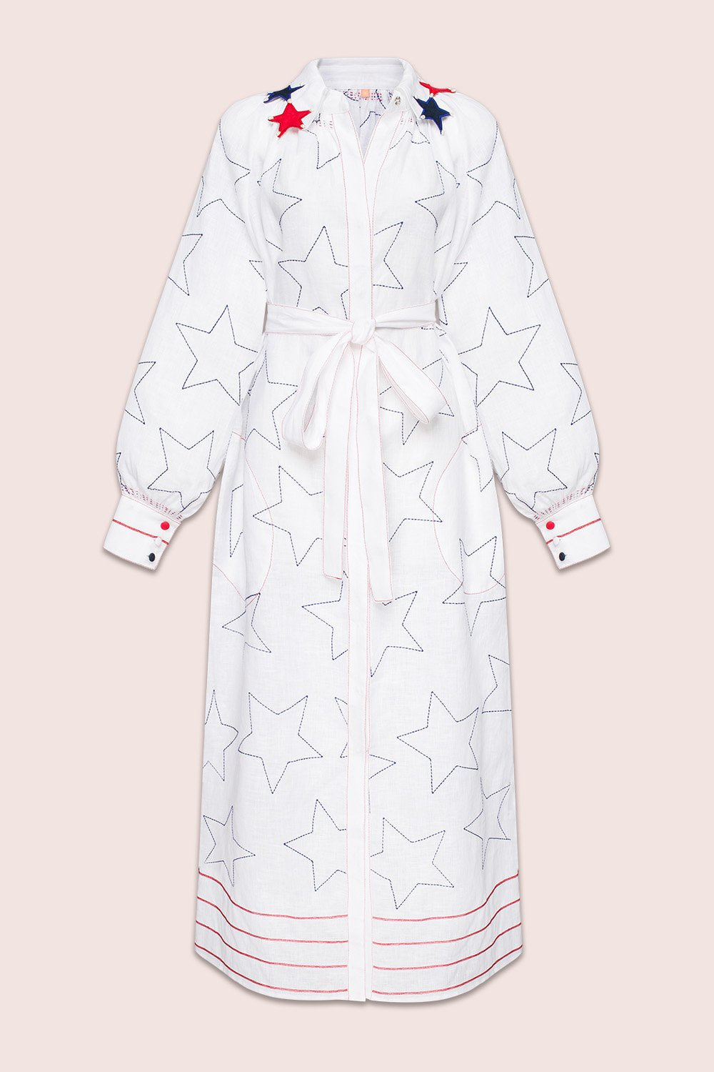 Stars And Stripes Maxi Dress in White with Accented Collar with Pearls