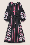 Rose Power Maxi Dress in Black with White & Pink