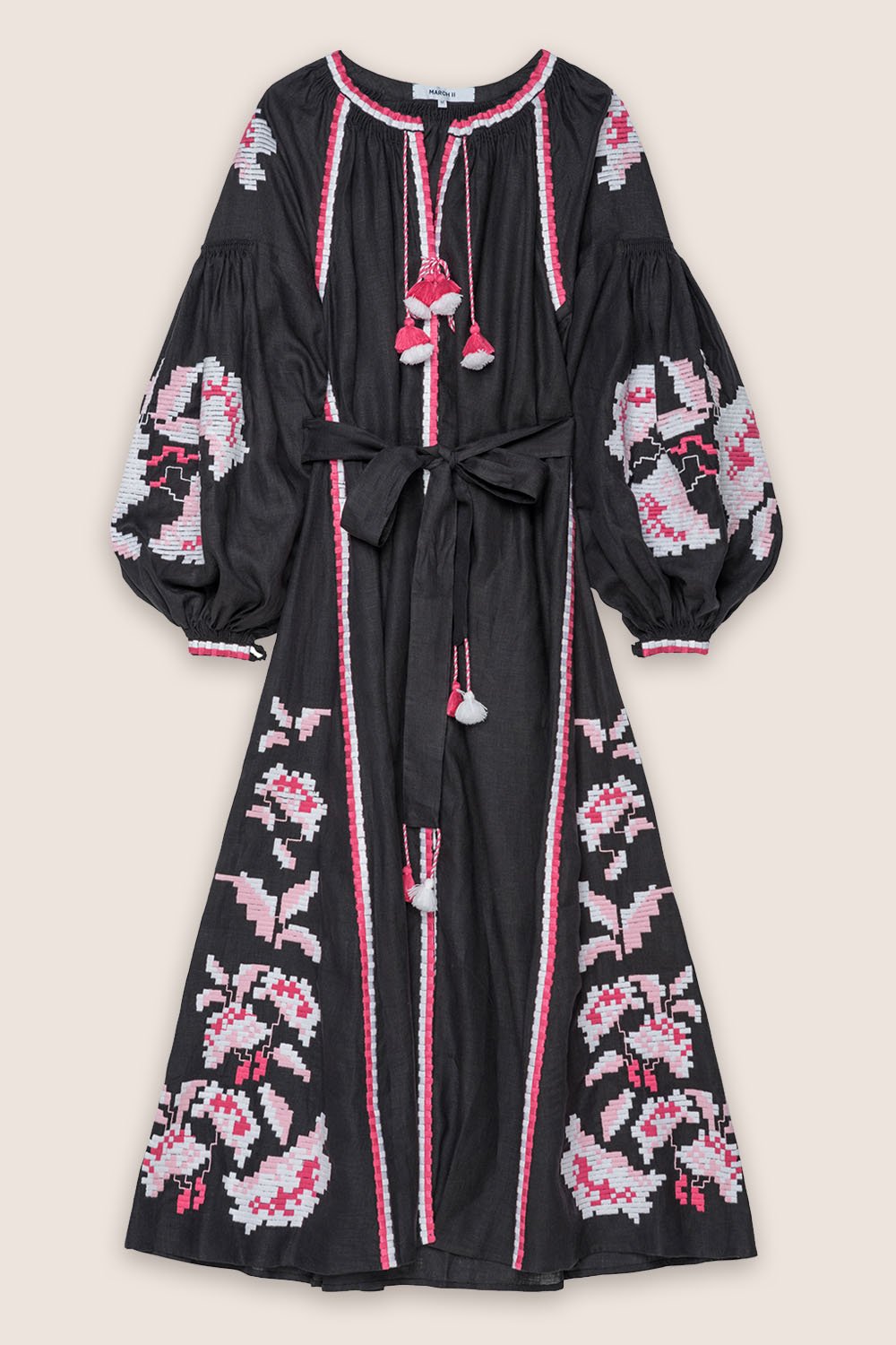 Rose Power Maxi Dress in Black with White & Pink